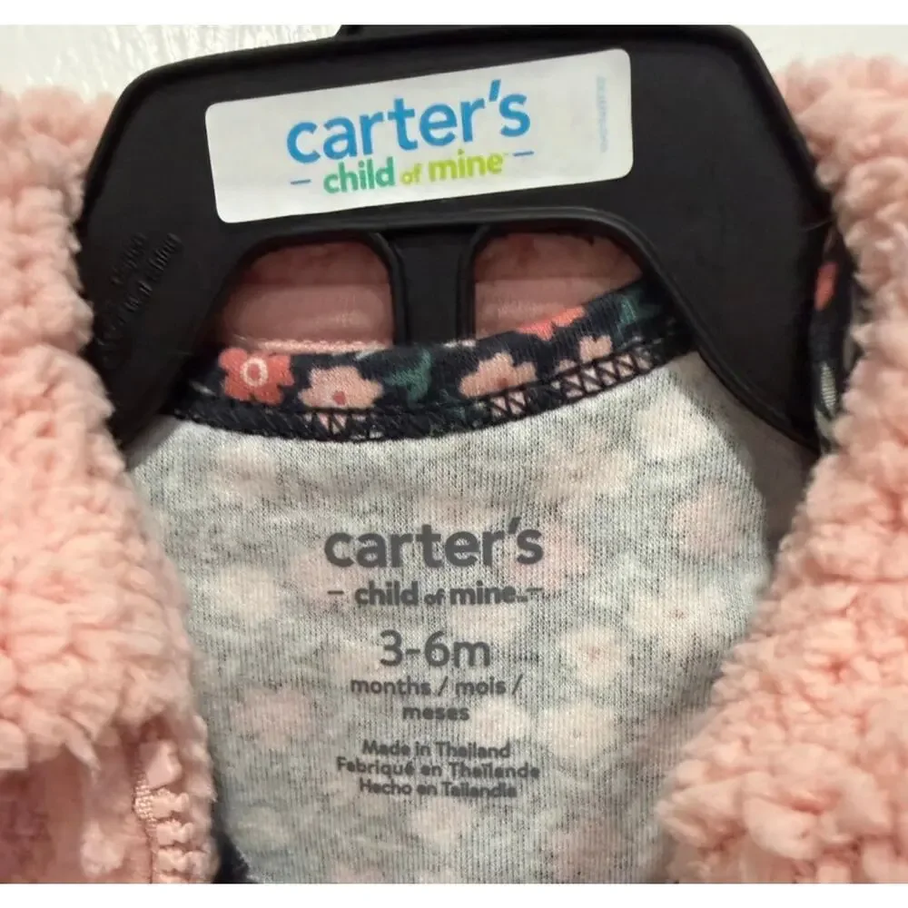 Carters Child of Mine Baby Girl Pink Sherpa Jacket, Floral Bodysuit & Pants 3-6M